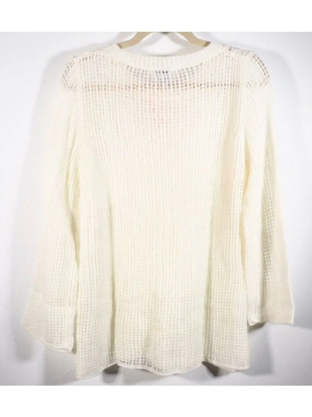 Keren Hart Womens Sweater SIze M Crocheted Ivory Crew Neck Bell Long Sleeve